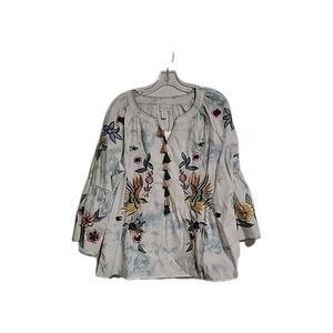 Chicos Embroidered Bird & Floral Blouse Top Sz 2 Tassel Wide Sleeves Boho